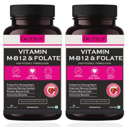 Outsup Vitamin B12 Supplement with Methylcobalamin, Folate & Vitamin B6 - Boost Energy Level | Good For Digestion And Nerve Health | Glowing Skin For Men & Women - 60 Chewable Tablets(Pack of 2)