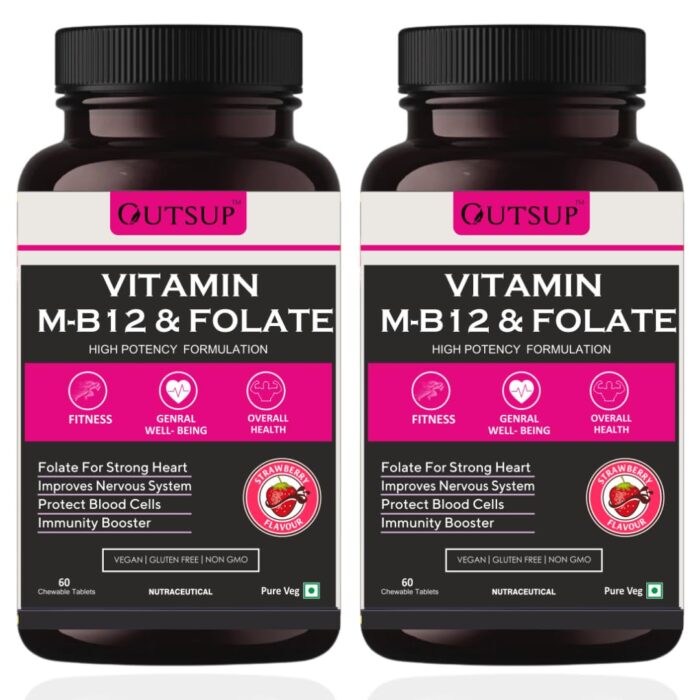 Outsup Vitamin B12 Supplement with Methylcobalamin, Folate & Vitamin B6 - Boost Energy Level | Good For Digestion And Nerve Health | Glowing Skin For Men & Women - 60 Chewable Tablets(Pack of 2)