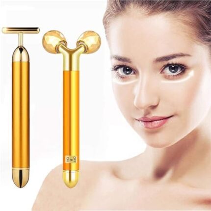 PIEZANO 2 in 1 Energy Beauty Bar Electric Vibration Facial Massage | V-Shape Roller – Waterproof Face Skin Care T-Shaped Anti-Wrinkle Massager for Forehead, Cheeks, Neck, Clavicle (Gold Color)