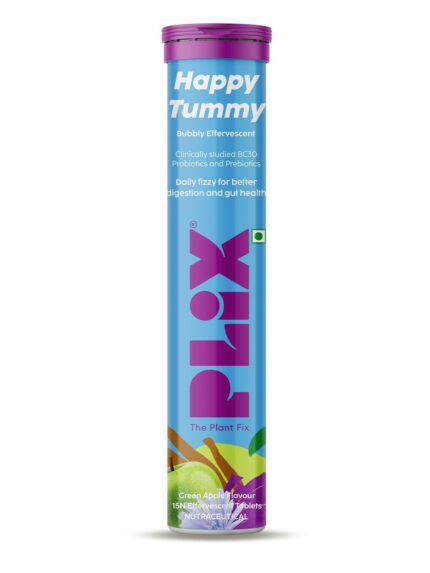 PLIX - THE PLANT FIX Happy Tummy Pre+Probiotic 15 Effervescent Tablets For Good Gut,Digestion,Metabolism With 20 Billion CFUs,Vital Probiotic Strains,Pack of 1 (Green Apple), 90 grams