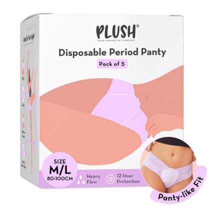 PLUSH Disposable Period Panty for Girls Heavy Flow - 5 Pcs (M/L, 80-100cm) | 12-Hour Leak Protection | 100% Rash-Free Period Panties | Non-Bulky, Panty Like Fit | Ideal for Overnight Use Lilac