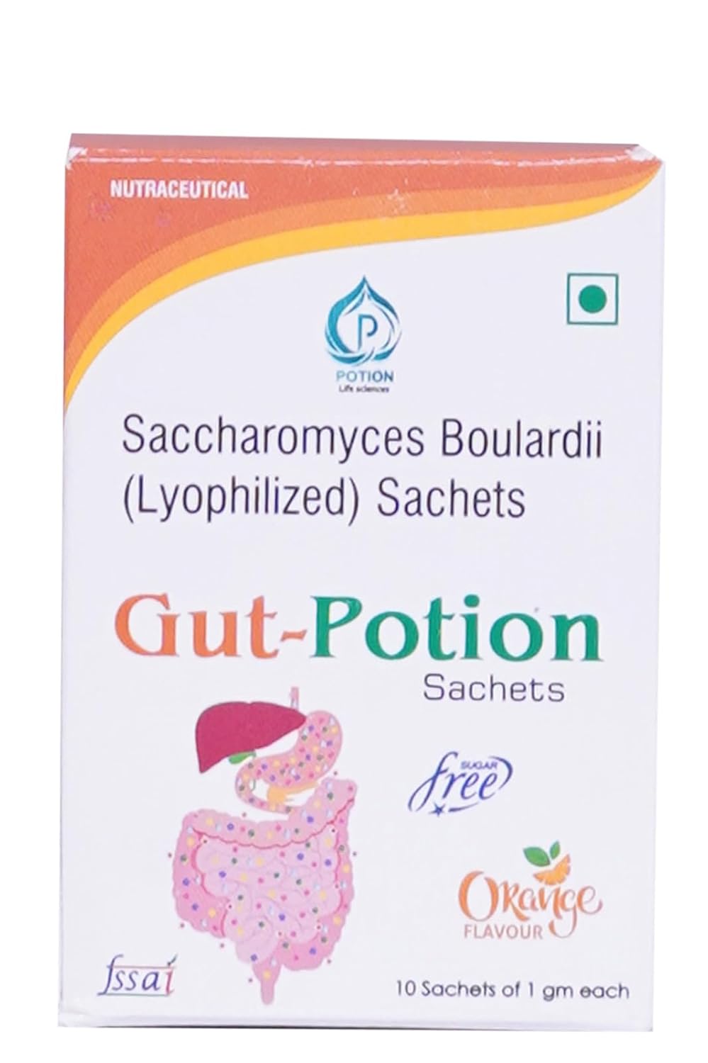 POTION LIFE SCIENCES Gut-Potion Saccharomyces Boulardii 1g Sachets | Orange Flavour | Sugar-Free | Probiotic Supplement | 10 Lyophilized Sachets