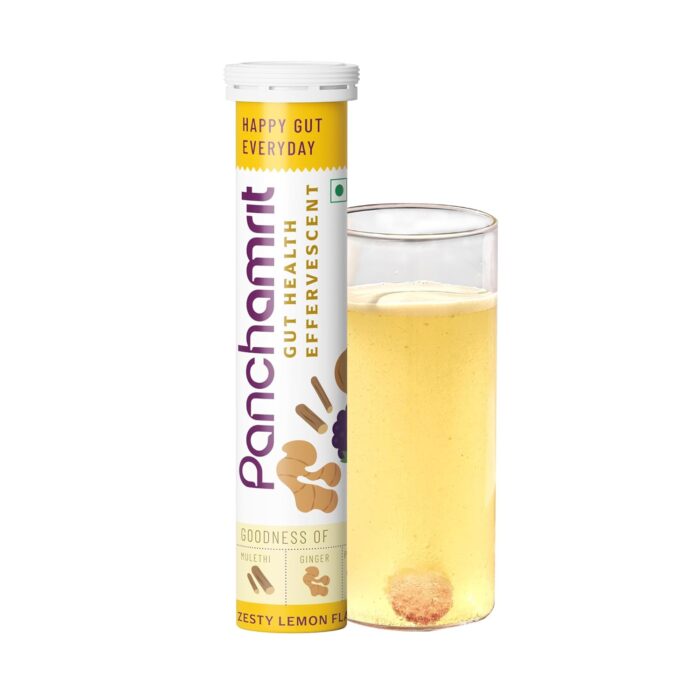 Panchamrit Gut Health Effervescent | Relief from Bloating & Acidity, Constipation, Indigestion,Colon Cleanse| Antacid with Ayurvedic Herbs-Mulethi &Ginger|Prebiotics & Probiotics|Pack of 1(20 tablets)