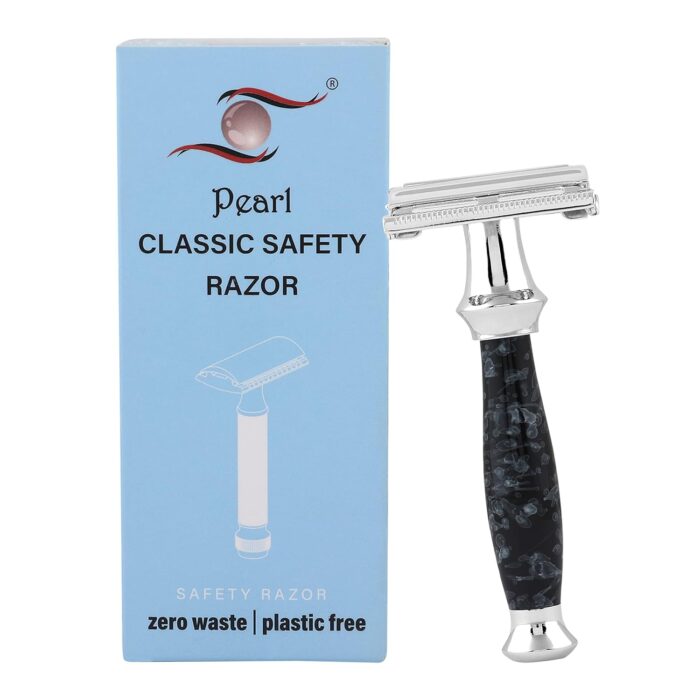 Pearl Shaving Double Edge Safety Razor (SS-95 Marble Black) | Proudly Made In India | Brass Metal With Premium Chrome Plating | Classic And Traditional Razor | Butterfly | 10 Platinum Coated Double Edge Blade Refills | Rakshabandhan gift Options