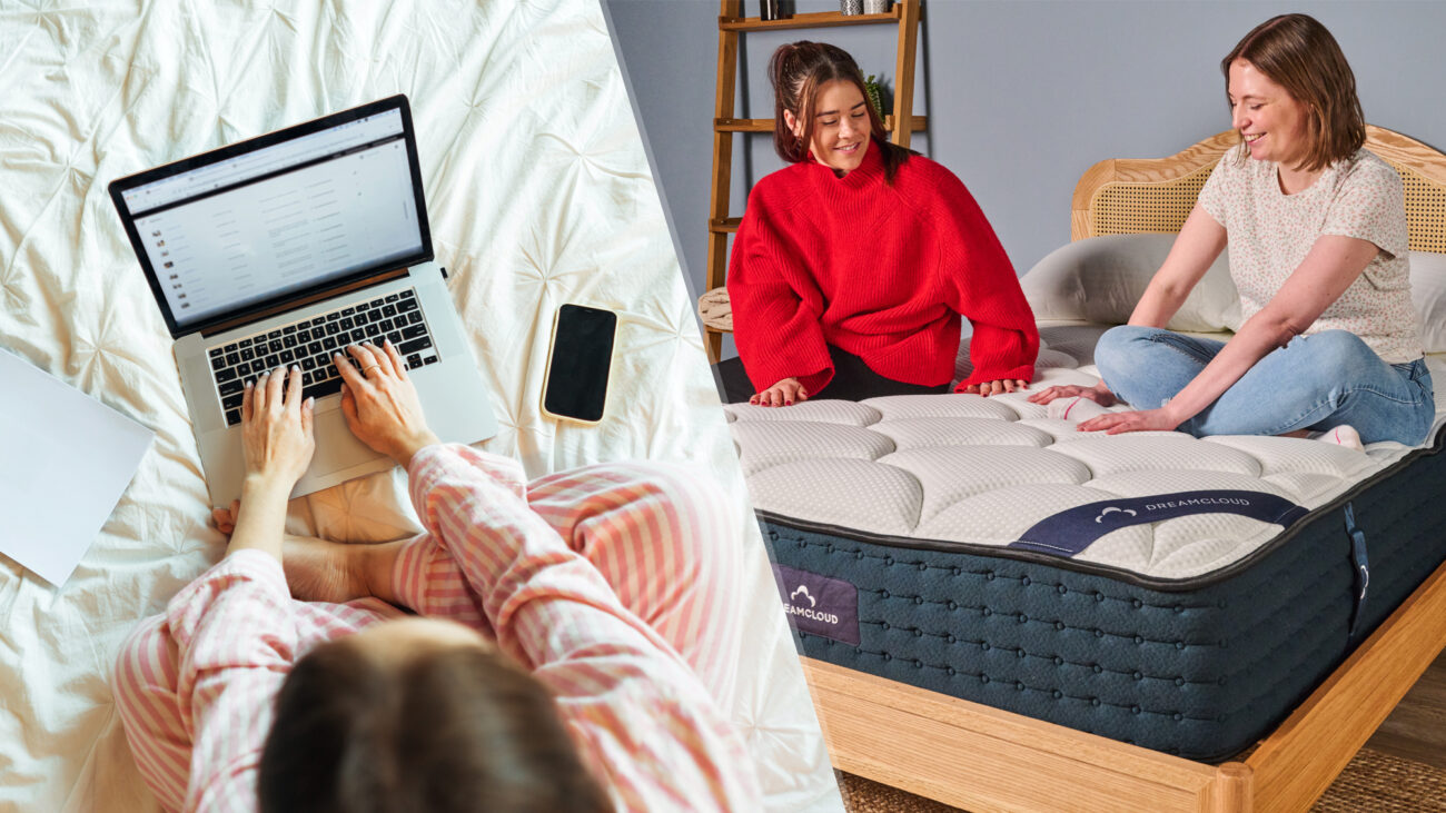 On the left, an overhead shot of a person using their laptop while sitting on their bed, a phone to one side. On the right, two mattress testers sitting on top of a mattress on a bed frame in a bedroom, discussing the comfort and quality
