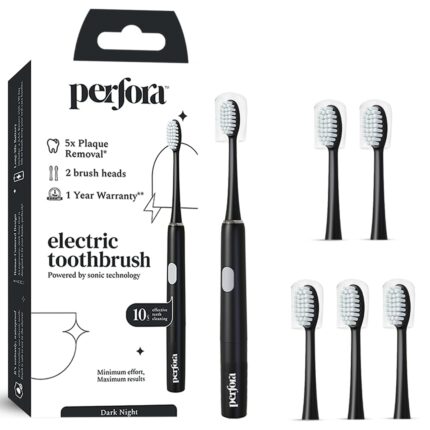 Perfora Electric Toothbrush & Brushheads | 1 Year Warranty | 2 Modes, AAA Powered, 90 Days Battery Life, Dark Night | For Kids, Men & Women | 1 Brush & 6 Brush Heads, 6 Count