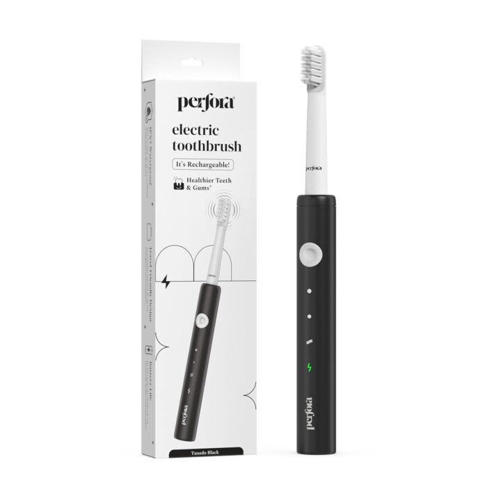 Perfora Rechargeable Electric Toothbrush With 1 Brush Head, 30,000 Vibrations, Super Soft Bristles, 3 Modes, 1 Year Warranty - For Men, Women & Kids, Tuxedo Black
