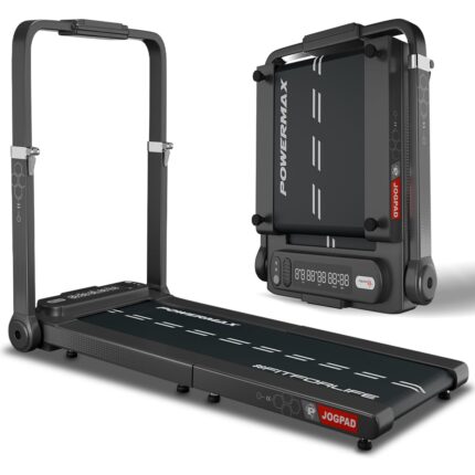 PowerMax Fitness JOGPAD (4HP Peak) Motorized Foldable Treadmill for Home Use with Handle, Remote Control, Max User 110kg, Top Speed 12kmph, Running Deck 1080mmx400mm, Bluetooth, Speaker, mobile holder