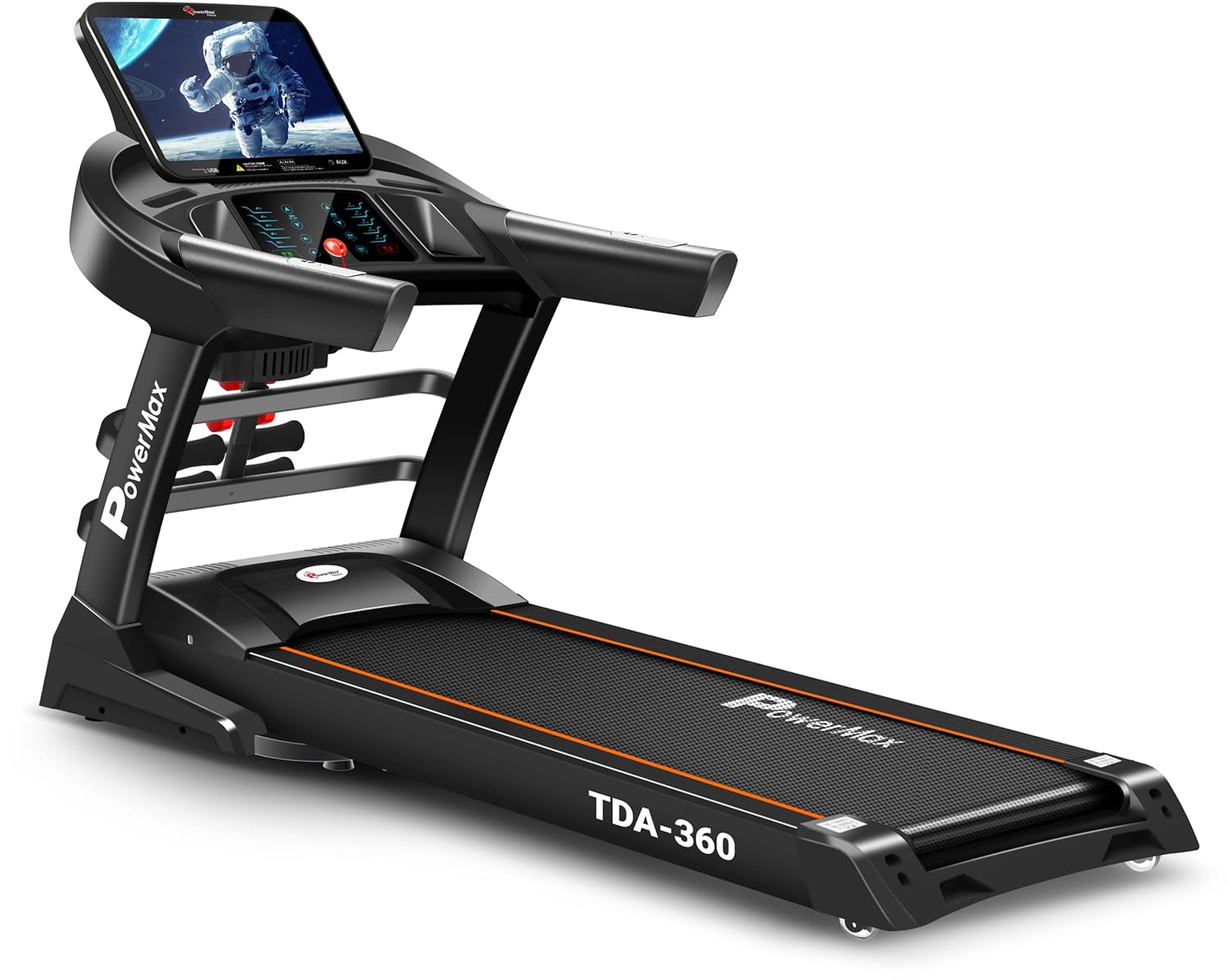 PowerMax Fitness TDA-360 15.6 inch HD Display Touch Screen (6.0HP Peak) Multi-Function Motorised Treadmill with Auto-Lubrication, Auto-Incline, Max user 140kg, Top speed 18kmph, Speaker, AUX-USB input