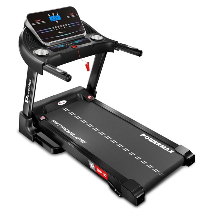 PowerMax Fitness TDM-97 (4HP Peak) Manual Incline Motorized Foldable Treadmill for Home use with 12 preset Workouts, Max Speed 12kmph, Aux, Speaker|Cardio Machine for Max User 110Kg, Heart Rate Sensor