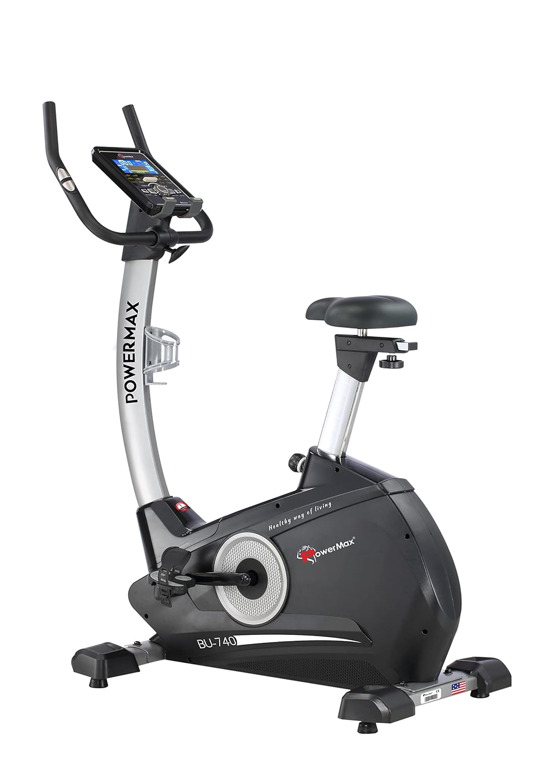 PowerMax Fitness® BU-740 Upright Exercise Bike for Home Use [8Kg Flywheel, Max User Weight 120kg, LCD Display, 10-Level Adjustable Resistance & Anti-slip Pedal] Black colour
