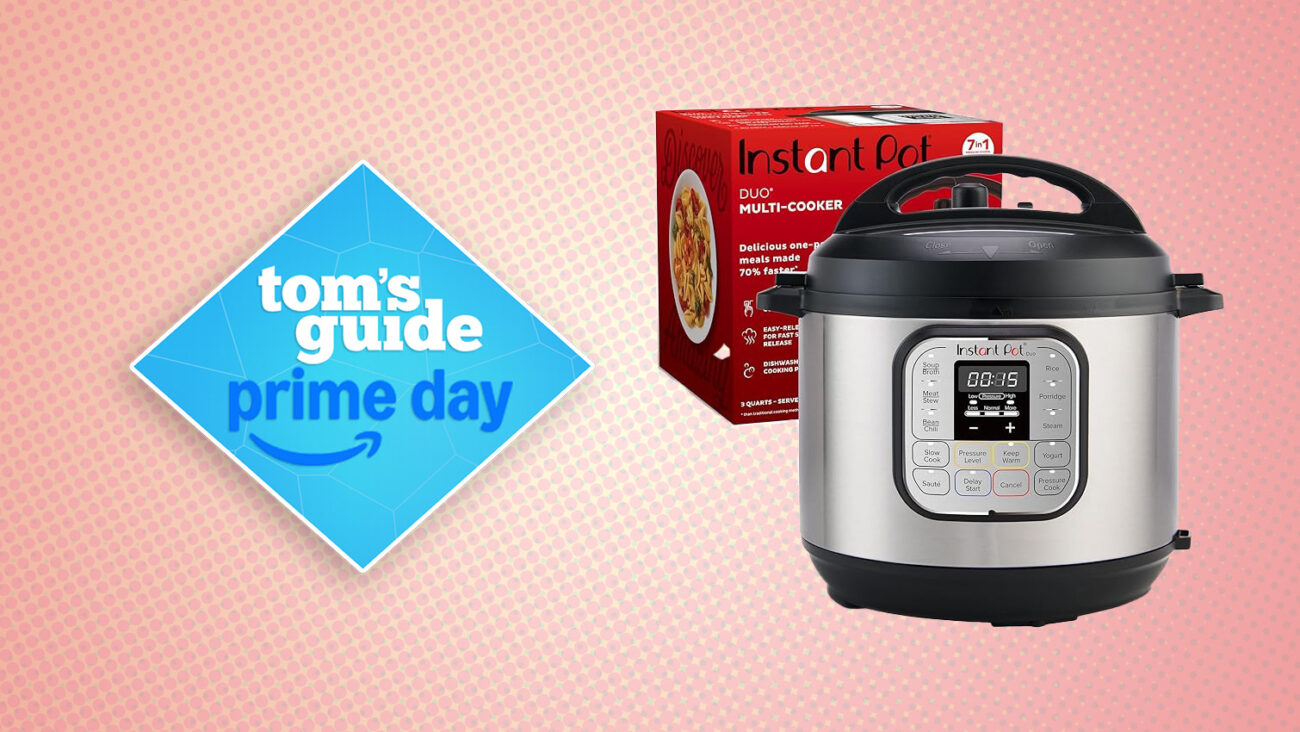 Instant Pot Duo 3 QT in silver photographed with the box on a red gradient background and a prime day tag.