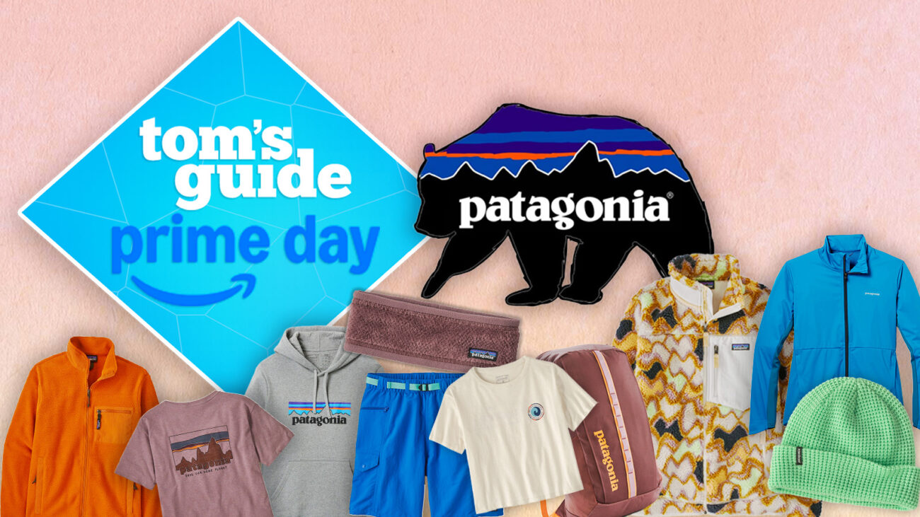a composite image on a peach background with tom's guide blue amazon prime day deal badge and the bear patagonia logo, with a patagonia fleece, patagonia hoody, patagonia backpack, and more