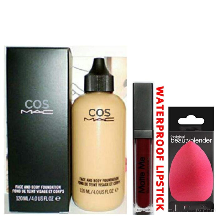 Professional Face And Body Foundation For All Skin Tone, Liquid Matte Lipstick For Protective Stay All Day & 1 Sponge Puff For All Type Of Make Up. Combo (Set Of 3)