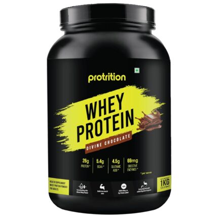Protrition Whey Protein Powder | Divine Chocolate - 1kg (29 Servings)| 26g Protein, 5.4g BCAA per SCOOP | Added Digestive Enzymes | Muscle Growth, Strength And Recovery