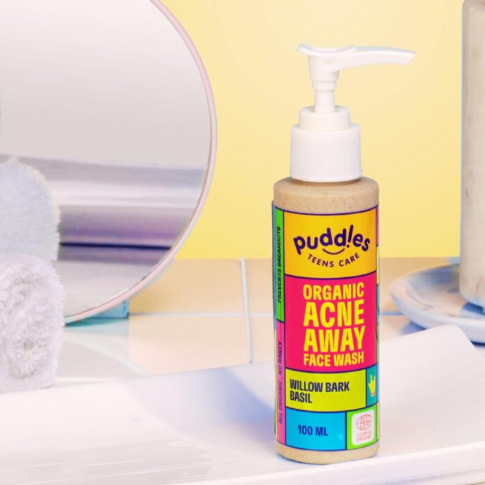 Puddles Teens Care Organic Acne Away Facewash (100 ML) | For Teenagers Age 11+ | Clears & Hydrates Oily, Dry & Sensitive Skin | Willow Bark & Basil | pH Balanced | Cosmos Organic Certified