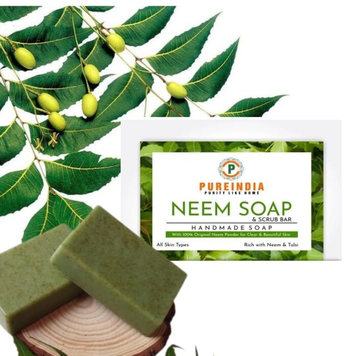 Pureindia Neem Handmade soap for Skin & Hair, 100Gm X1 ,Treats Acne & Fungal Infections.For Acne,Boosting hair growth, Anti-aging effects, Promoting wound healing, Fighting skin infections,Treating skin conditions.