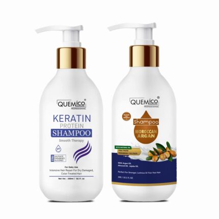 Quemico Professionnel Keratin Protein Smooth Shampoo and Moroccan Argan Shampoo Combo Set, Enriched with Argan Oil | For Dry & Frizzy Hair | No Parabens and Silicones | Set Of 2