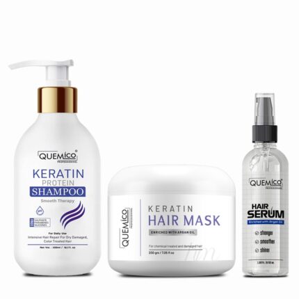 Quemico Professionnel Sulphate Free Keratin Shampoo, Hair Mask and Hair Nourishing Serum Combo Kit | For Chemical Treated and Damaged hair | Keratin Shampoo (300ml), Hair Serum (50ml) & Keratin Hair Mask (200g) | No Sulphate, Parabens and Silicones Added