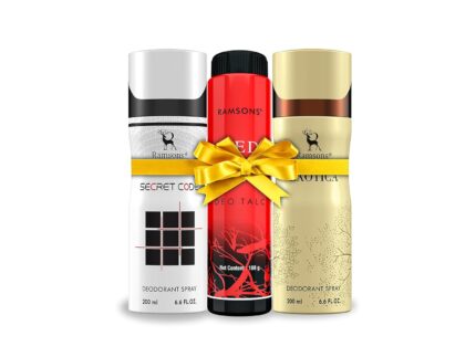 RAMSONS Deo Talc Combo | 1 Secret Code Deodorant Spray - 200ml | 1 Exotica Deodorant Spray - 200ml | 1 RED ZX Deo Talc - 100gm | Combo Pack Of 3