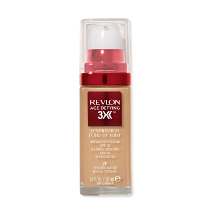 REVLON Age Defying 3X Makeup Foundation Cream, Firming, Lifting And Anti-Aging Medium, Buildable Coverage With Natural Finish SPF 20, 020 Tender Beige, 1 Fl Oz