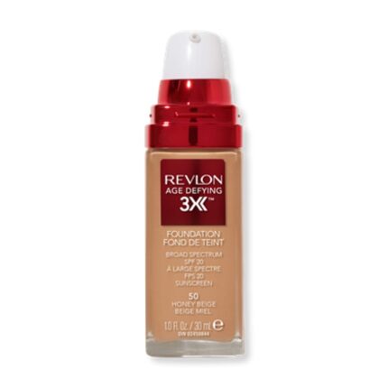 REVLON Age Defying 3X Makeup Liquid Foundation, Firming, Lifting And Anti-Aging Medium, Buildable Coverage With Natural Finish SPF 20, 050 Honey Beige, 1 Fl Oz
