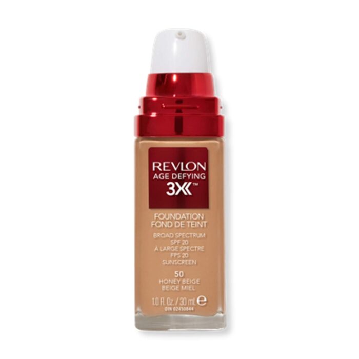 REVLON Age Defying 3X Makeup Liquid Foundation, Firming, Lifting And Anti-Aging Medium, Buildable Coverage With Natural Finish SPF 20, 050 Honey Beige, 1 Fl Oz