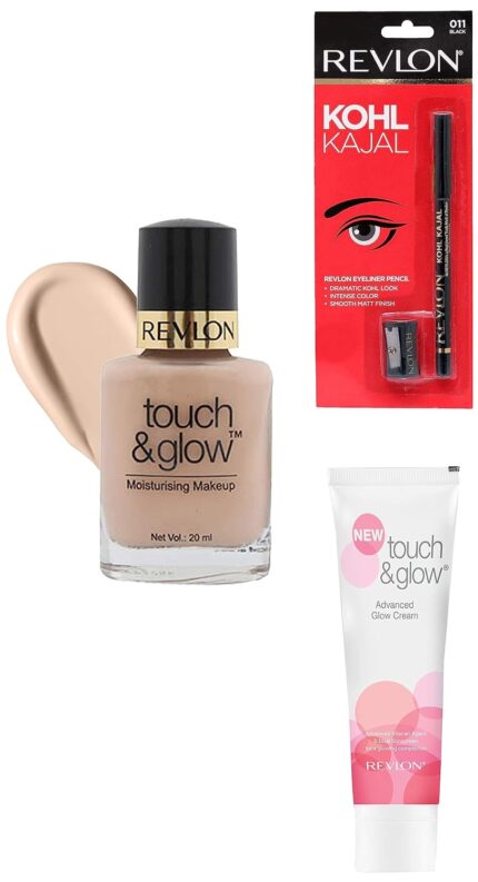 REVLON Touch & Glow Light Coverage Liquid Make Up, Matte Finish, Ivory Mist, 20Ml & Kohl Kajal Eye Liner Pencil With Sharpener, Black, 1.14G & Touch & Glow Advanced Fairness Cream (75G)