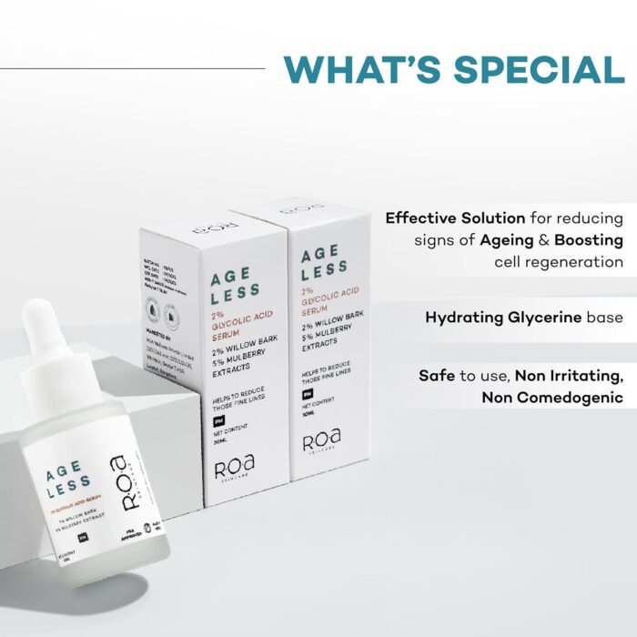 R.O.A Skincare AGELESS | 2% Glycolic Acid & 2% Salicylic Acid Serum | 5% Mulberry Extract | Youthful Bouncy skin | Anti-Aging & Exfoliating Treatment | 30 ML