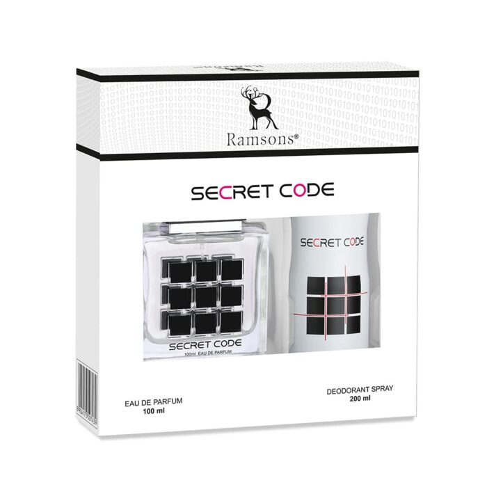 Ramsons - SECRET CODE Gift Pack For Men | 1 Eau De Parfum 100 ML | 1 Deodorant 200 ML | | TN - Fresh Lime, Grapefruit, Leafy Green | MN - Rose, Jasmine, White Flower | BN - Woody, Leathery, Musk