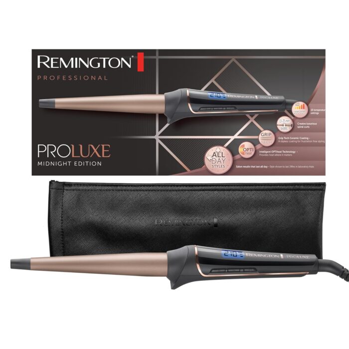 Remington Proluxe Midnight Curling Iron Ci91Wb | Long-Lasting Curls With Optiheat Technology & Grip-Tech Ceramic Coating | 13-25Mm Cone | 10 Heat Settings For Gentle, Non-Slip Styling, Black