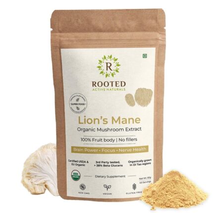 Rooted Actives Lions Mane mushroom Extract (60 g) | Memory, Focus, Brain Powder & Nerve Health. USDA Organic, 38% Beta Glucans