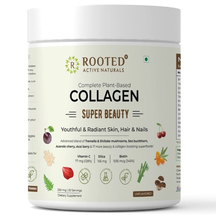 Rooted Actives Plant Based Collagen Supplement, 250 G | Tremella Mushrooms, Biotin, Silica, Vit C & 17 Beauty Boosters | No Sugar | Collagen Booster | Collagen Supplements For Women & Men