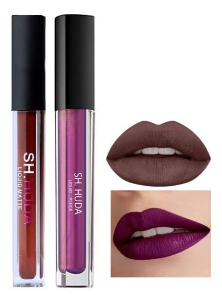 SH. HUDA Sensational Non-Transfer,Waterproof,Long-Lasting Beauty Liquid Matte Lipsticks Swiss Edition For Girls/Women-BEST LIQUID MATTE LIPSTICK COLORS (COFFEE + PURPLE)