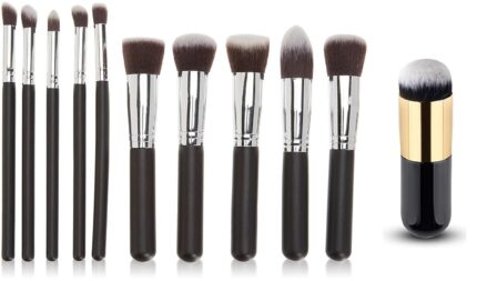 SHRIRAYS 11 Premium Synthetic Kabuki Foundation Face Powder Blush Eyeshadow Brush Makeup Brush Kit with Blender Brush (10 pcs, Black/Silver)