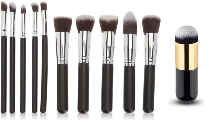 SHRIRAYS 11 Premium Synthetic Kabuki Foundation Face Powder Blush Eyeshadow Brush Makeup Brush Kit with Blender Brush (10 pcs, Black/Silver)