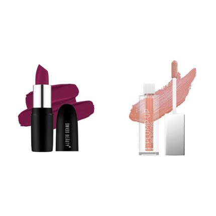 SWISS BEAUTY Pure Matte Creamy Lipstick Shade- Burgundy, 3.8gm| Plump-Up Wet Lightweight Lip Gloss With High Shine Glossy Finish For Fuller And Plump Lips | Shade- Nude Myth, 2Ml|