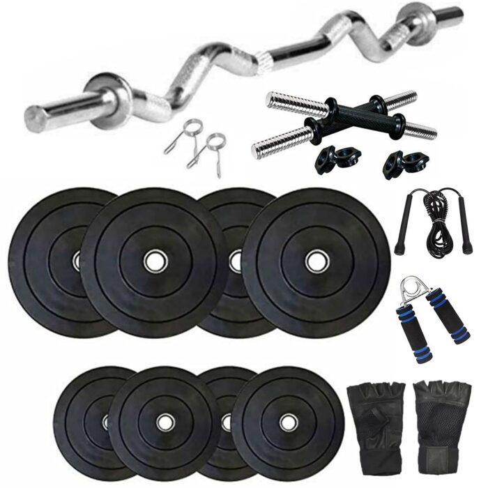 SX Fitness Home Gym Combo, Home Gym Set, 18 Kg Rubber Weight Plates with Dumbbell Rod, 3Ft Curl Rod and Accessories