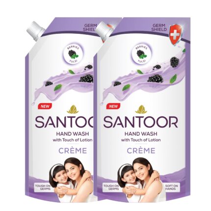 Santoor Crème Handwash 650ml, Pack of 2 with Touch of Lotion| Made with Berries & Tulsi| Rich Lathering Formula with Anti-Bacterial Properties| Soft on Hands| Soothes & Hydrates Skin