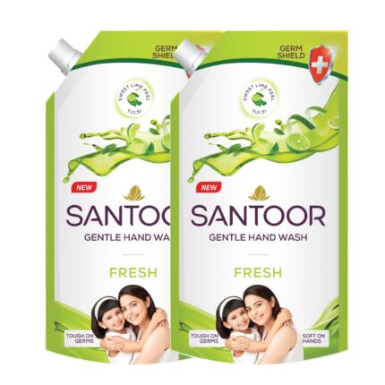 Santoor Fresh Gentle Hand Wash 650ml, Pack of 2 with Natural Goodness of Sweet Lime Peel & Tulsi| Rich Lathering Formula With Anti-Bacterial Properties| Soft on Hands| Soothes & Hydrates Skin