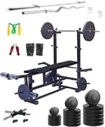 Saporigo Home Gym Combo – 20 KG Classic Rubber Plates + 8-in-1 Adjustable Multi-Bench (Black, Double Support) | Rods, Dumbbells & Full Body Workout Accessories