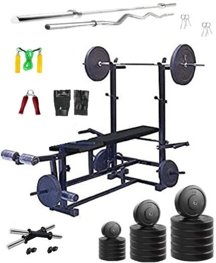 Saporigo Home Gym Combo – 20 KG Classic Rubber Plates + 8-in-1 Adjustable Multi-Bench (Black, Double Support) | Rods, Dumbbells & Full Body Workout Accessories