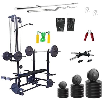 Saporigo Home Gym Combo – 30 KG Classic Rubber Plates + 20-in-1 Adjustable Multi-Bench (Black, Double Support) | Rods, Dumbbells & Full Body Workout Accessories