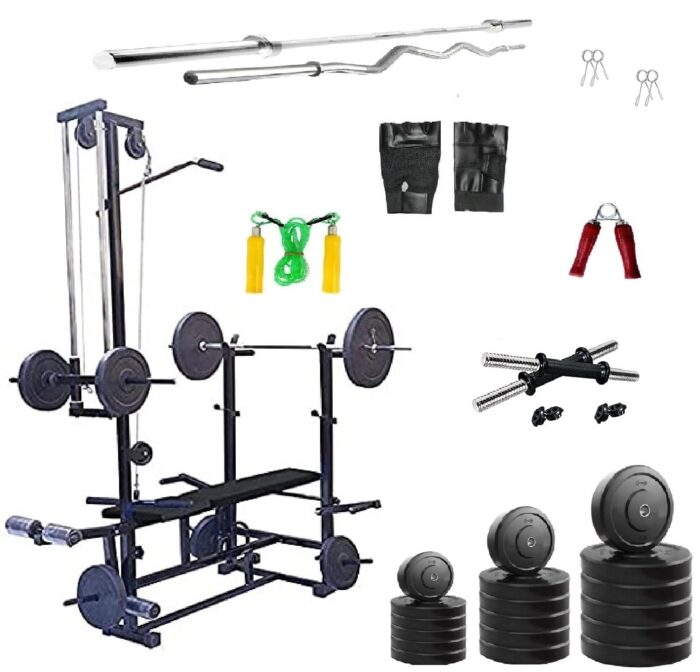 Saporigo Home Gym Combo – 30 KG Classic Rubber Plates + 20-in-1 Adjustable Multi-Bench (Black, Double Support) | Rods, Dumbbells & Full Body Workout Accessories