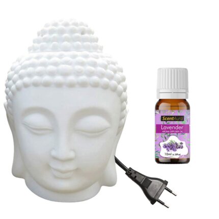 ScentAura Ceramic Electric Buddha Aroma Diffuser Night Lamp Light with 1pc Lavender Scented Oil 10ml for Home Office Hotel Spa