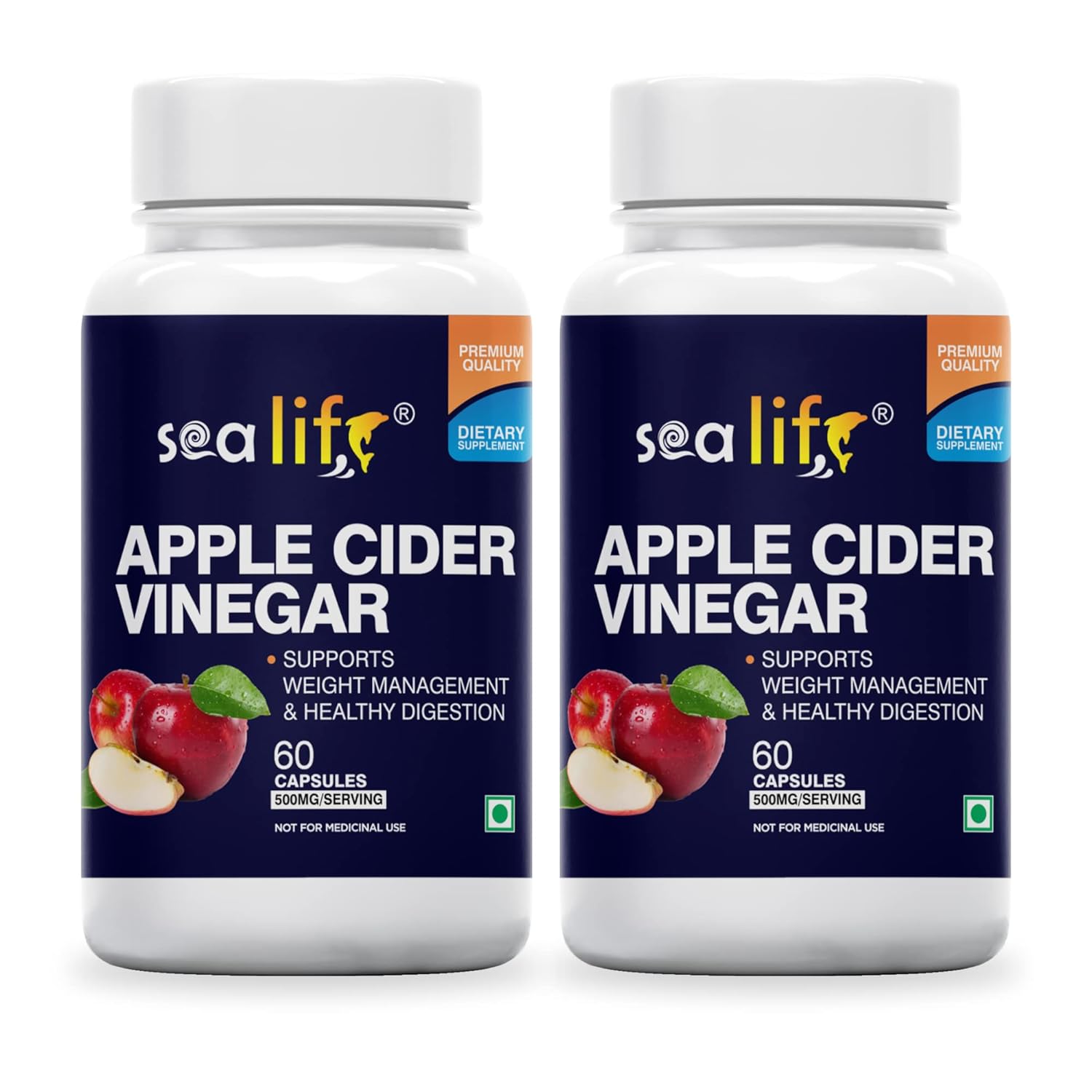 Sea Life Apple Cider Vinegar 500mg Capsules for Weight Loss Management (60 Veg Capsules Each),Boost Energy | Supports managing blood sugar levels | Improves Cholesterol Levels.Pack of-2