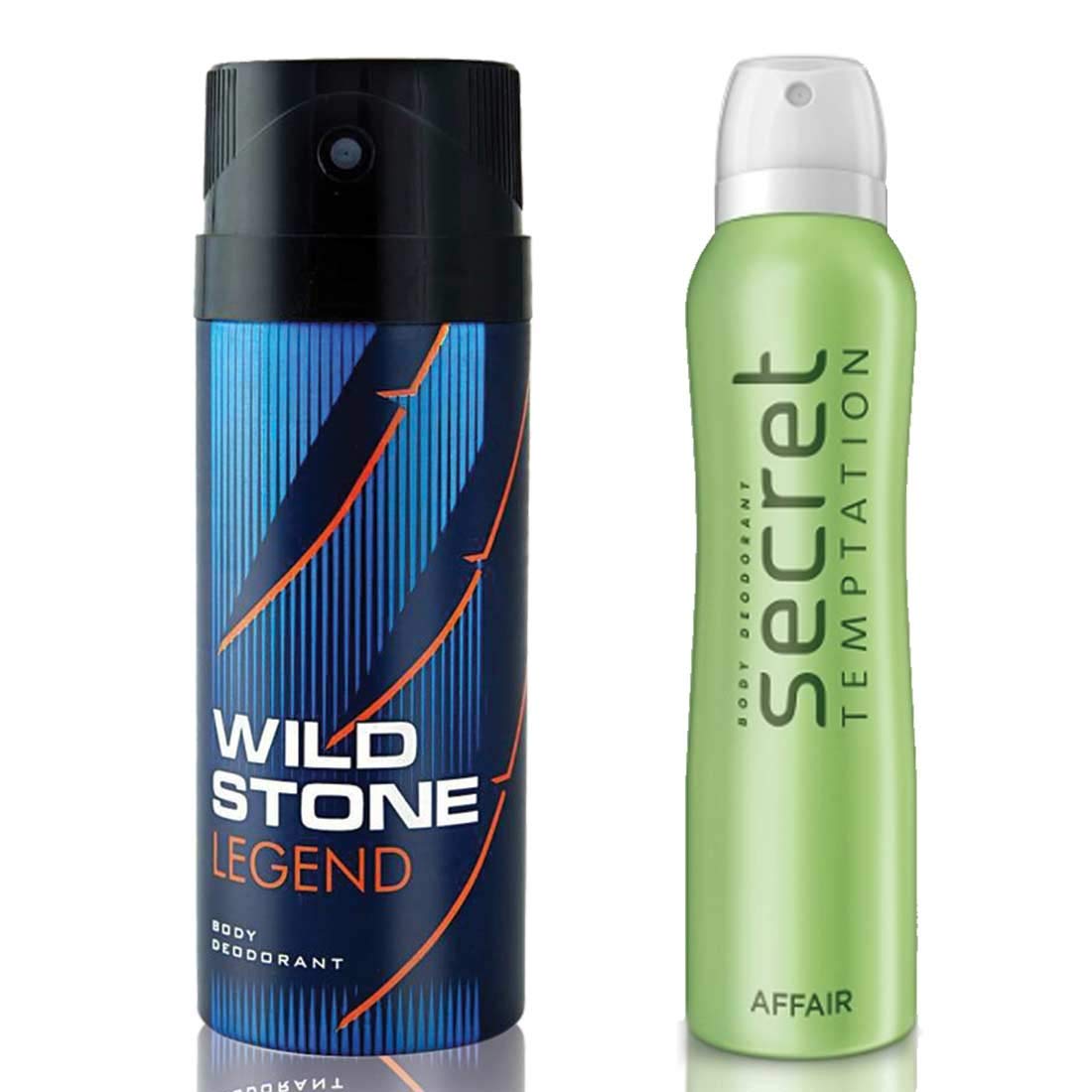 Secret Temptation Affair Deodorant For Women and Wild Stone Legend Deodorant for Men (150 ml each), Pack of 2