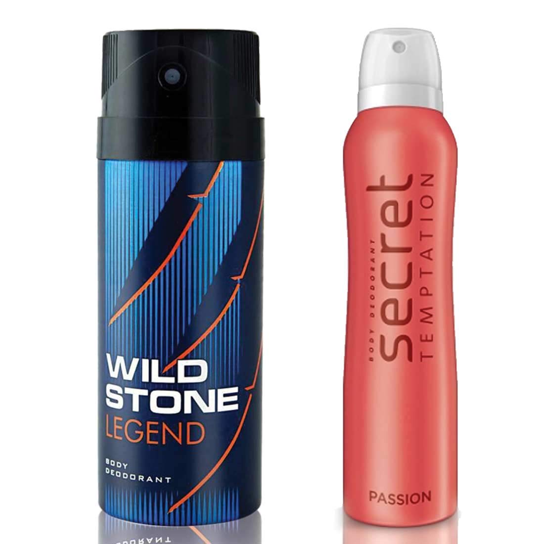 Secret Temptation Passion Deodorant For Women and Wild Stone Legend Deodorant for Men (150 ml each), Pack of 2