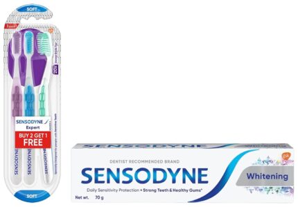 Sensodyne Toothbrushes-Expert,(2+1) Pieces Carton,Adult,Manual,White & Sensodyne Toothpaste Whitening, Sensitive tooth paste to restore natural whiteness, 70 gm