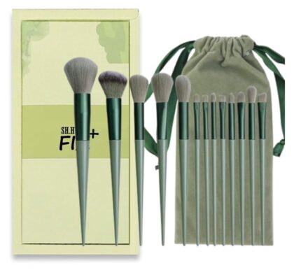 Sh.Huda Professional Fix+ Plus 13pcs Makeup Brush Set Makeup Brushes Foundation Powder Eyeshadow Eyebrow Brush Set Celebrity Cosmetic Tool Brush with Green Bag Synthetic Kabuki Compatible Tool Kit